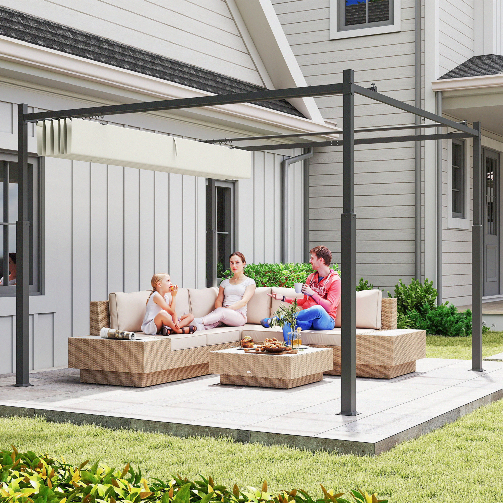 Pérgola de Jardín 3x3 m con Techo Retráctil y Accesorio Magnético, Cenador de Jardín con Protección UV30+, Columnas Metálicas y Ganchos, Pabellón para Patio, Terraza, Exterior, Blanco Crema
