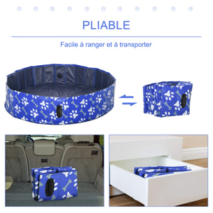 Piscine pour chien bassin PVC pliable anti-glissant facile à nettoyer Ø 1,4 m hauteur 30 cm motifs os pattes bleu