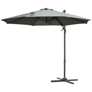 Parasol déporté octogonal inclinable rotatif 360° manivelle piètement acier mât alu. dim. Ø 2,95 x 2,5H m polyester haute densité gris