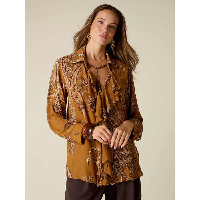 Oltre - Blusa fantasia con volant - Marrone