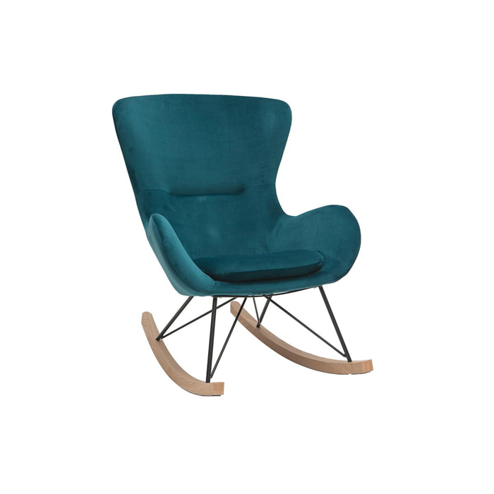 Rocking chair design en tissu velours gaufré bleu canard, métal noir et bois clair ESKUA