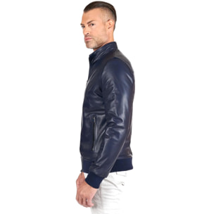 Giubbotto Bomber in pelle blu nappa effetto liscio