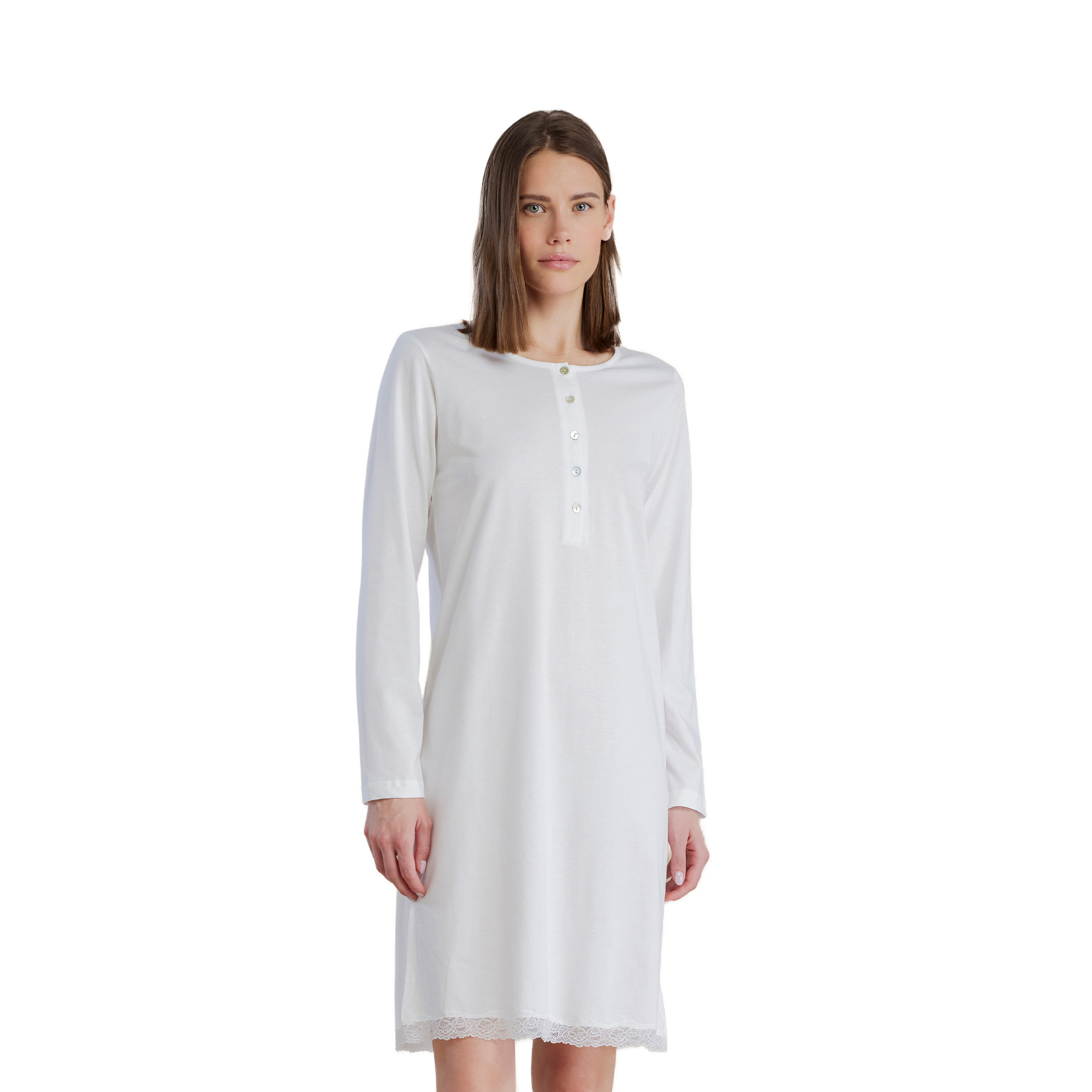 Camicia da notte in cotone a maniche lunghe con abbottonatura frontale e dettagli in pizzo articolo in pizzo Noidinotte