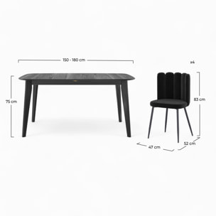 Table et chaise 4 personnes Oman en velours et bois noir