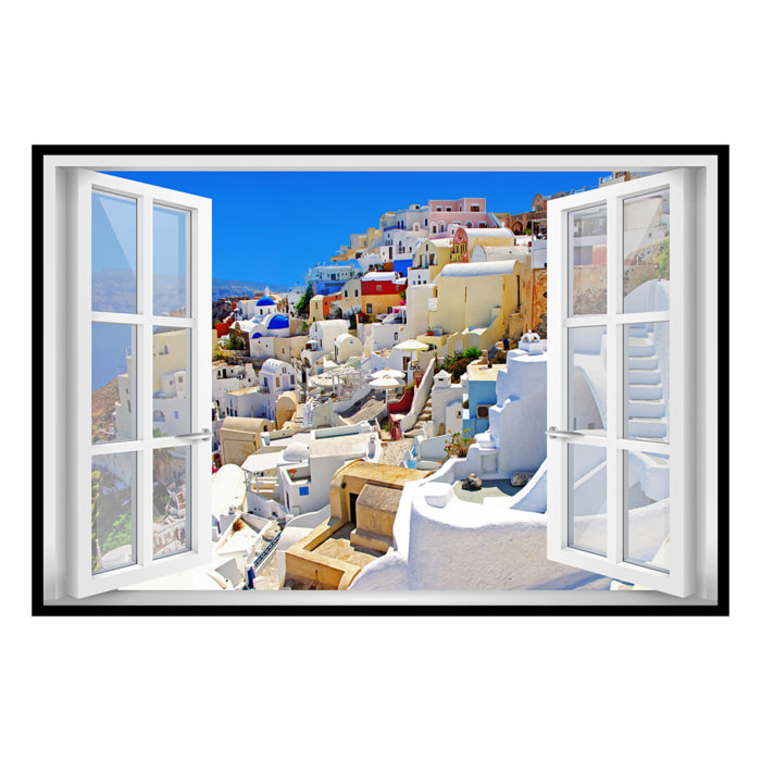 Affiche encadrée fenêtre village Santorin Affiche + cadre en métal - Noir