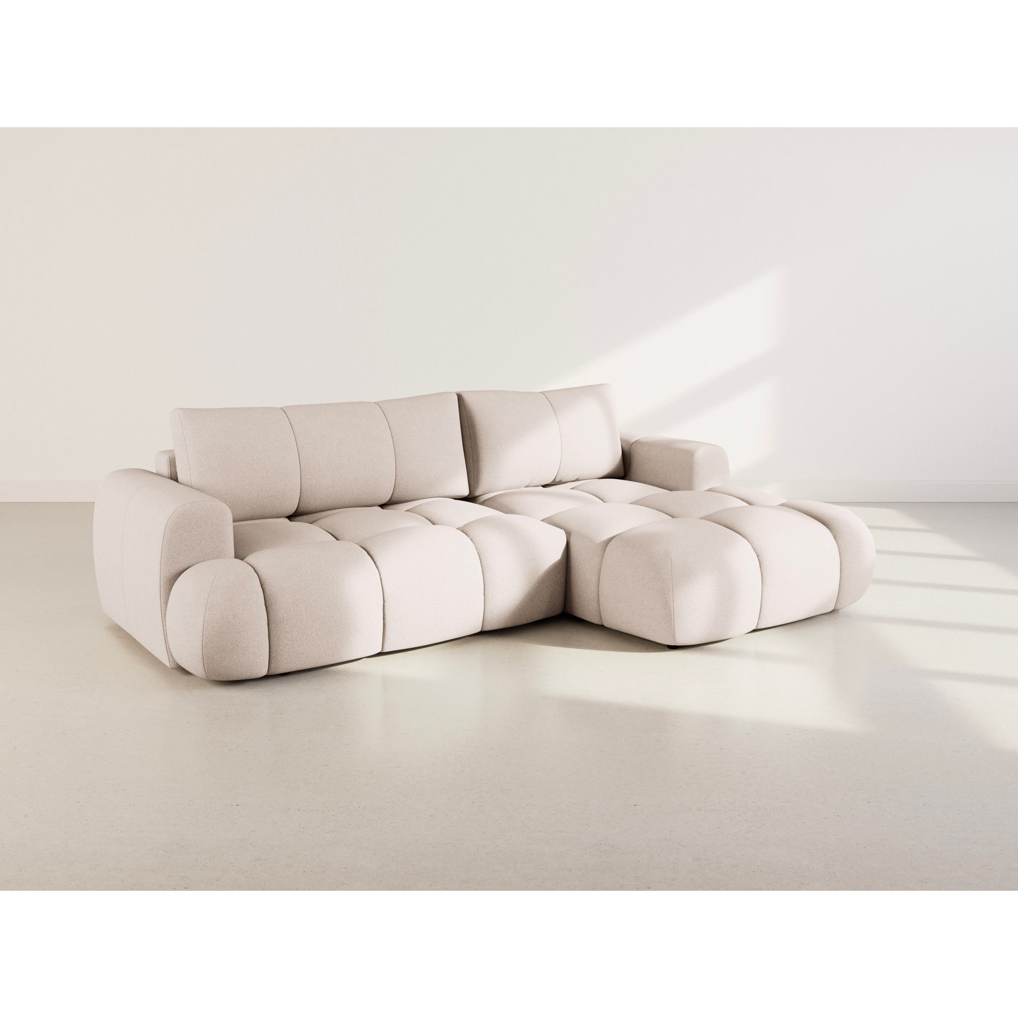 Yulin - Canapé d'angle droit 4 places convertible avec coffre en tissu bouclette - Beige