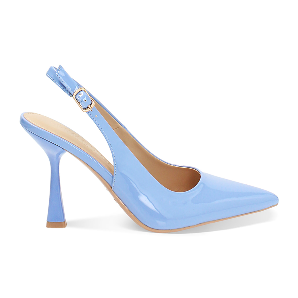 Décolleté slingback donna celesti in vernice, tacco 7,5 cm
