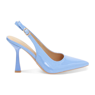 Décolleté slingback donna celesti in vernice, tacco 7,5 cm
