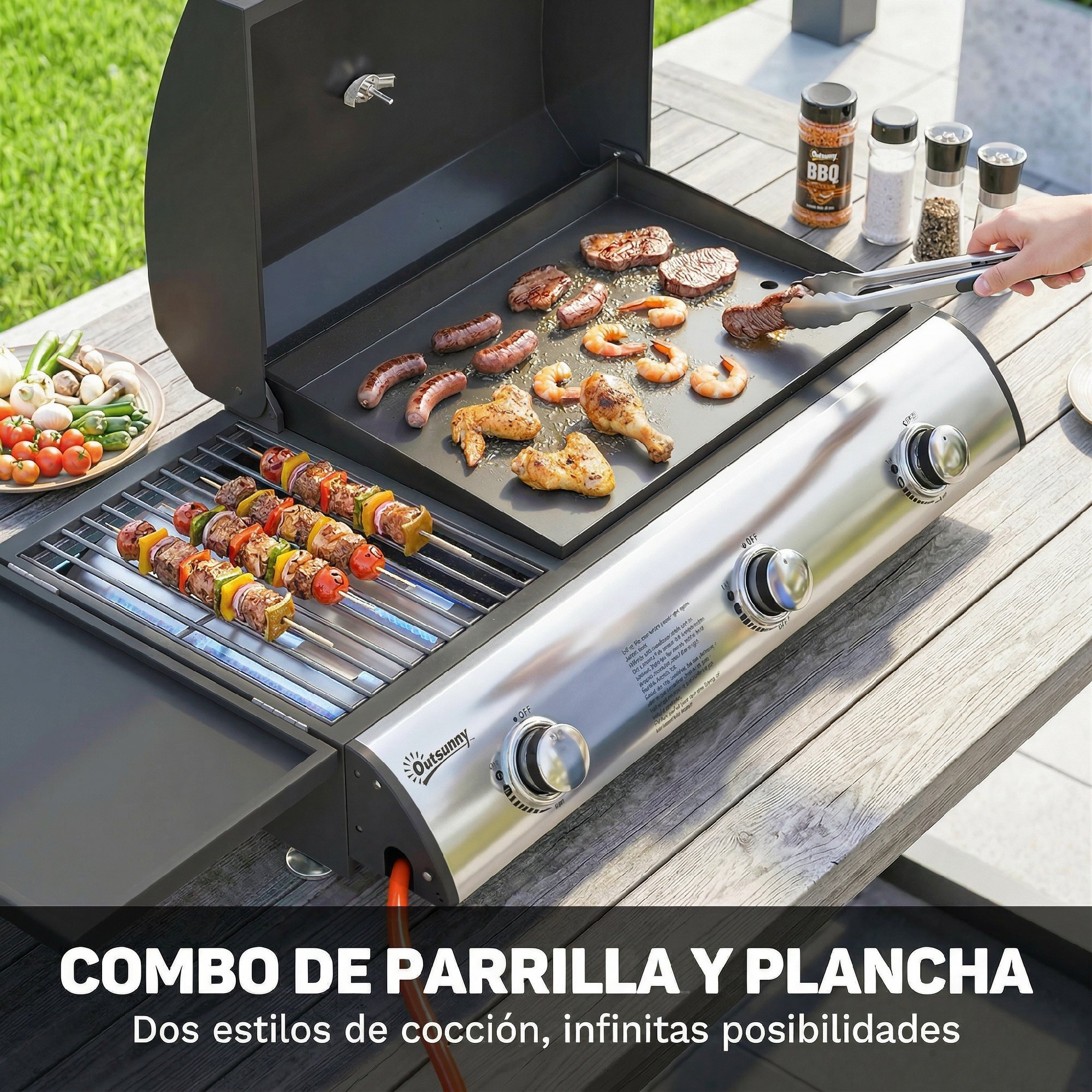 Barbacoa de Gas BBQ Gas con 3 Quemadores 7,5 kW, Barbacoa de Mesa Portátil con Parrilla, Plancha, Estante Lateral Convertible, Termómetro, Tapa, Caja de Goteo, Patas Ajustables, Negro