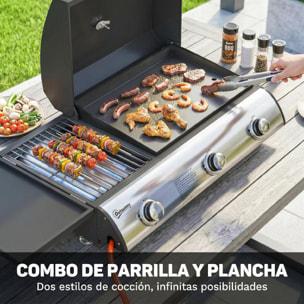 Barbacoa de Gas BBQ Gas con 3 Quemadores 7,5 kW, Barbacoa de Mesa Portátil con Parrilla, Plancha, Estante Lateral Convertible, Termómetro, Tapa, Caja de Goteo, Patas Ajustables, Negro