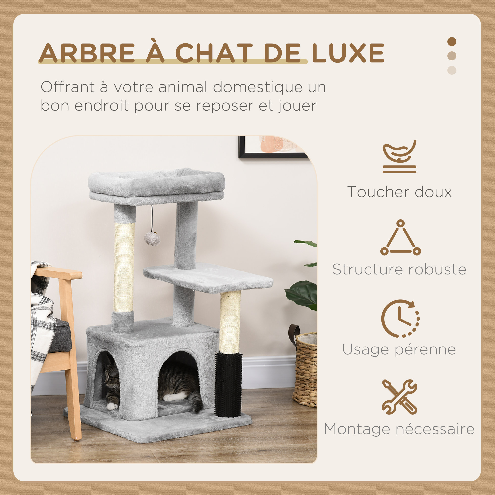 Arbre à chat griffoirs sisal naturel et massant grande niche plateforme panier jeu boule suspendue peluche gris