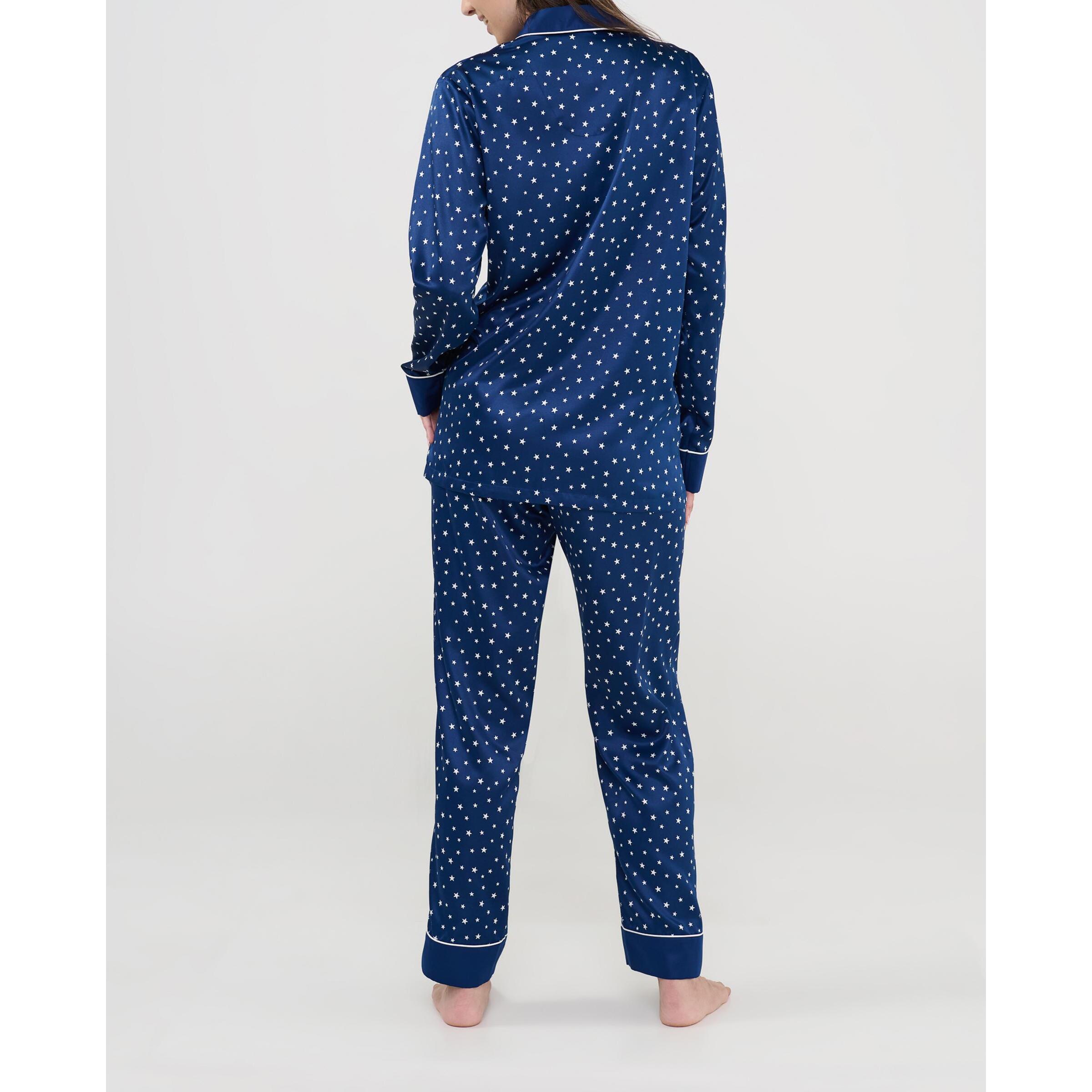 Pijama mujer raso estampado, chaqueta abierta con botones, bolsillo con vivo, manga larga y pantalón largo