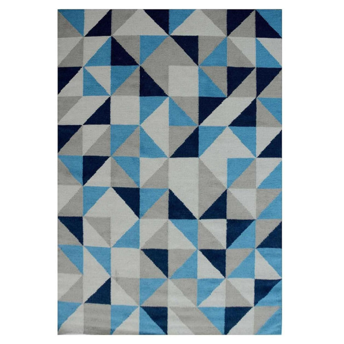tapis salon 170x240 fait main en laine bleu et crème motif géométrique