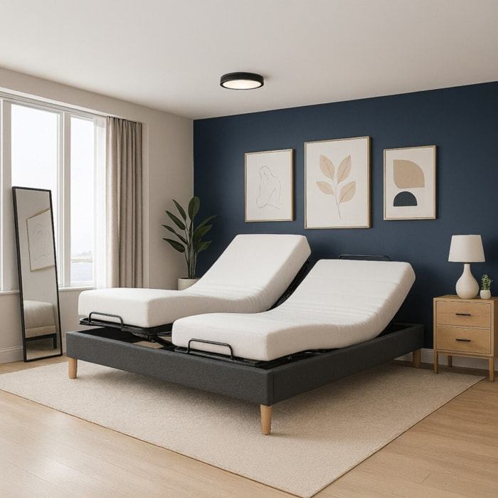 Ensemble literie orthopédique électrique à plots & matelas mémoire de forme| Sommier 100% plots | Contours de lit inclus | Moteur et Télécommande inclus