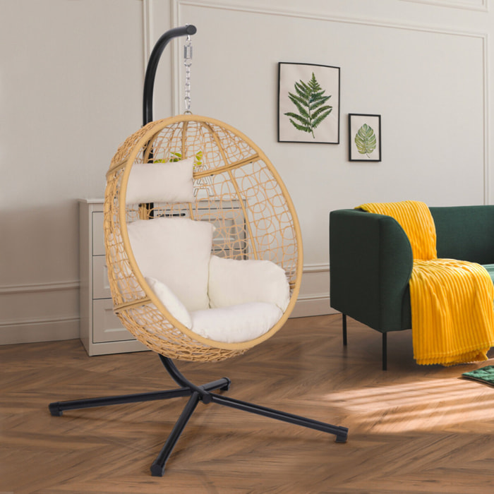 Fauteuil œuf suspendu effet rotin avec coussin beige