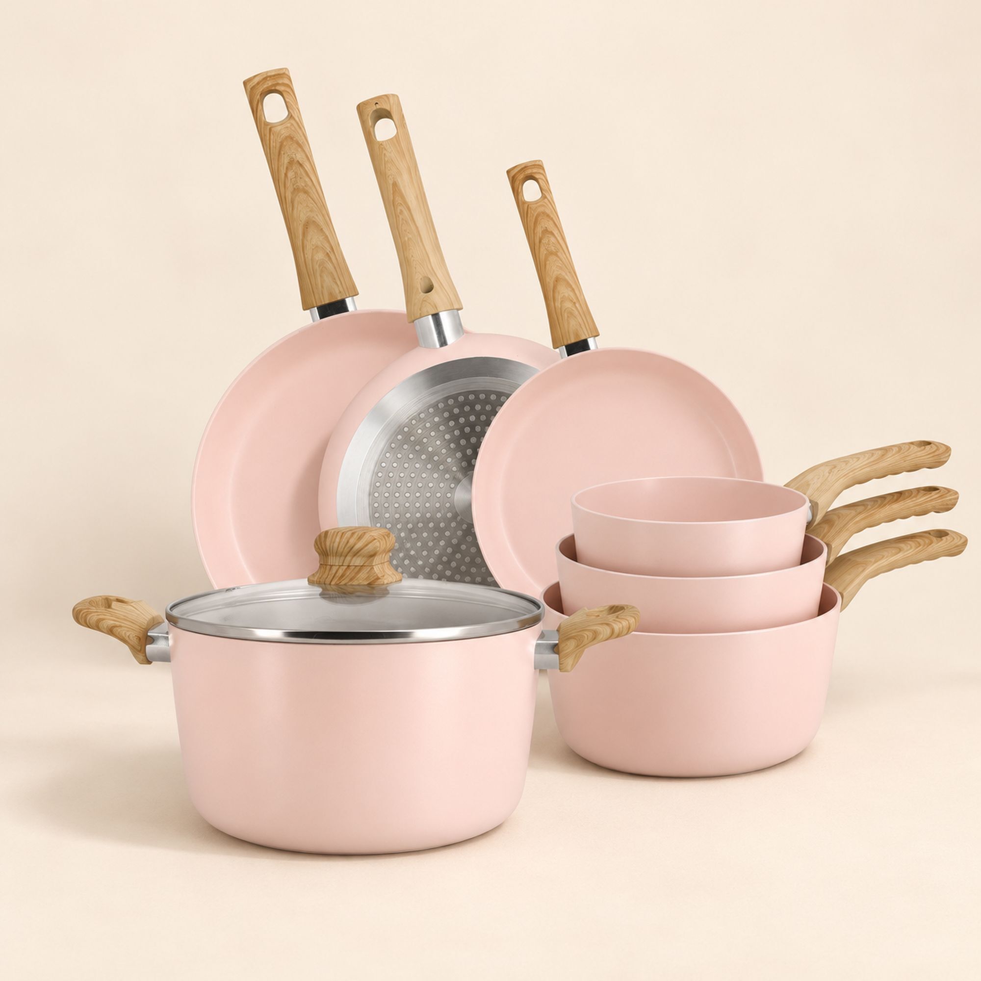 Batterie de cuisine 7 pièces en céramique rose - tous feux COLORAMA