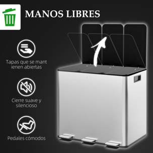 Cubo de Basura de Cocina con 3 Compartimentos 3x10L Papelera de Cocina de Acero Inoxidable con Pedales Tapas de Cierre Suave y Cubo Extraíble para Dormitorio Oficina Salón Plata