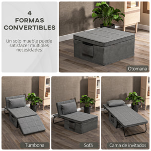 Sofá Cama de 1 Plaza 4 en 1, Sillón Cama Plegable, Otomana, Tapizado en Lino, con Respaldo Ajustable de 5 Niveles, Almohada Acolchada, para Oficina, Dormitorio, Salón, 75x80x74 cm, Gris