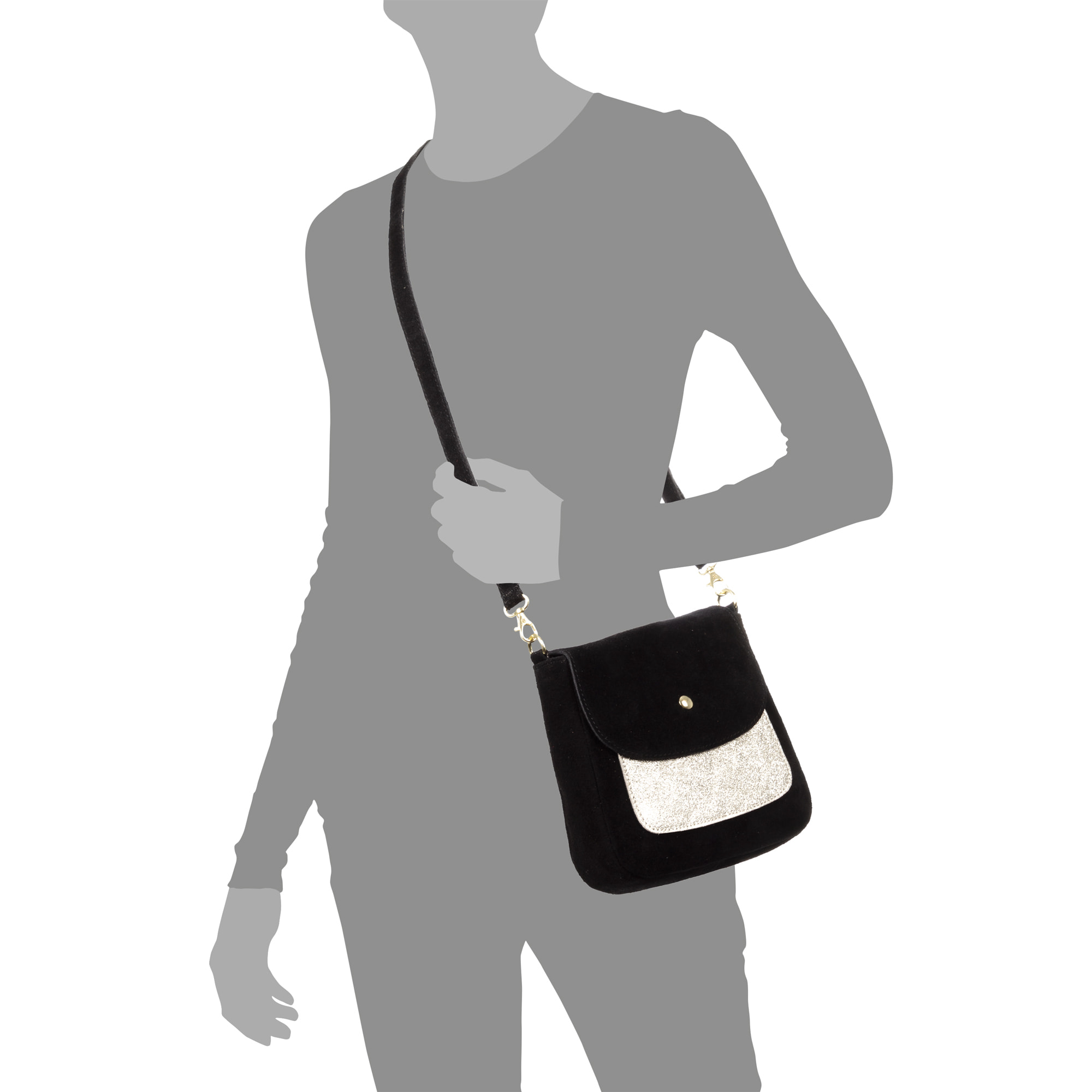 Altissimo borsa a spalla donna. Pelle autentica Camoscio combinato con Camoscio Lucido brillante.