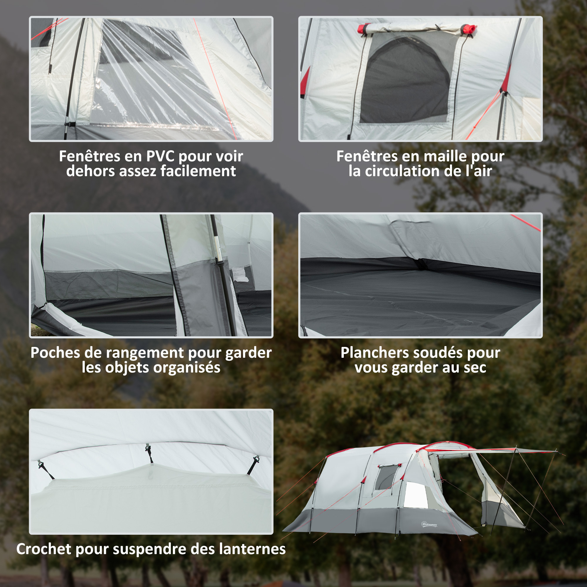 Tente de camping familiale 6-8 personnes - portes, fenêtres, sac de transport - dim. 5,1 x 2,4 x 1,8 cm - gris clair