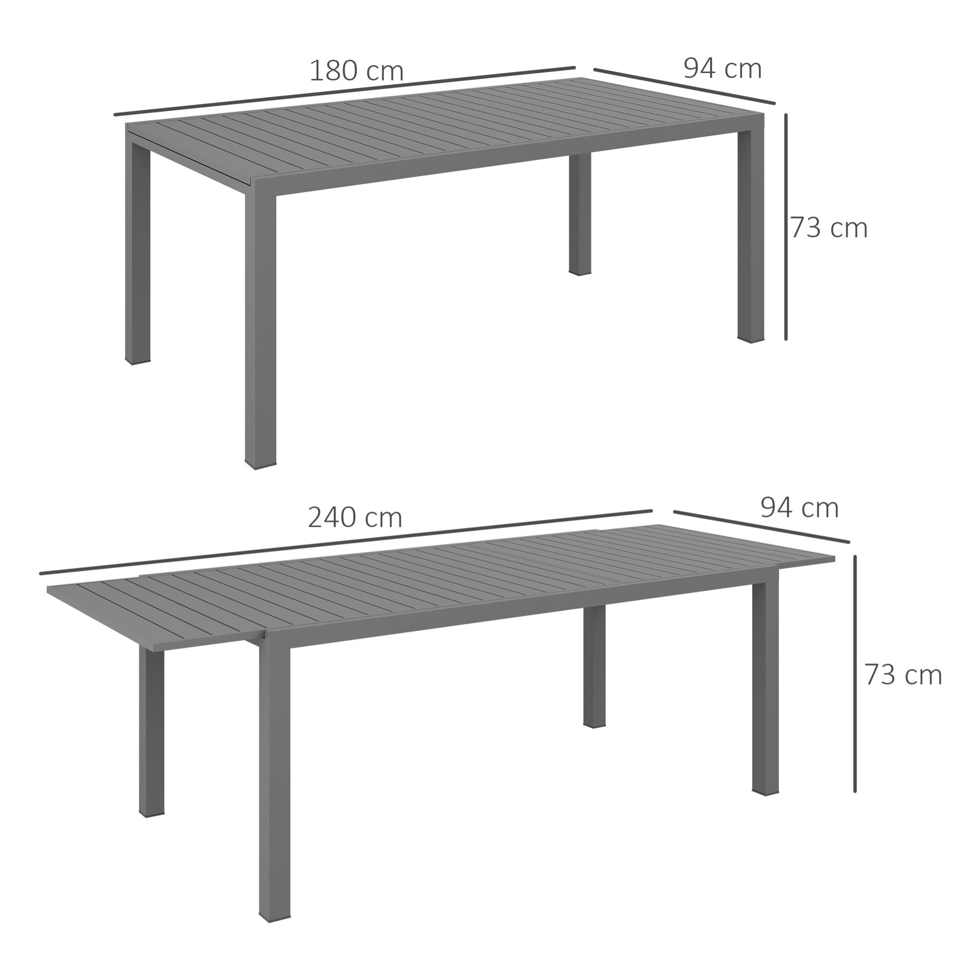 Table de jardin extensible 6-8 personnes dim. 180/240L x 94l x 73H cm alu gris