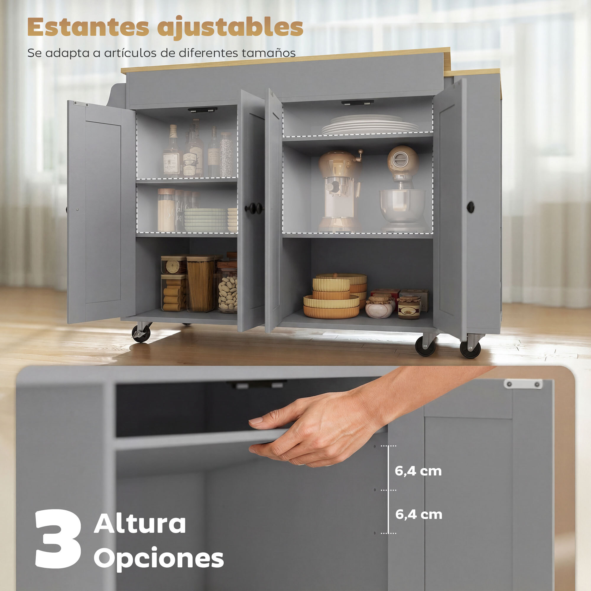 Isla de Cocina con Ruedas, Encimera Extensible, Carro de Cocina con 4 Puertas, Estantes Ajustables, Estantería Lateral Abierta, Especiero y Soporte para Toallas, para Comedor, Gris