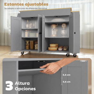 Isla de Cocina con Ruedas, Encimera Extensible, Carro de Cocina con 4 Puertas, Estantes Ajustables, Estantería Lateral Abierta, Especiero y Soporte para Toallas, para Comedor, Gris