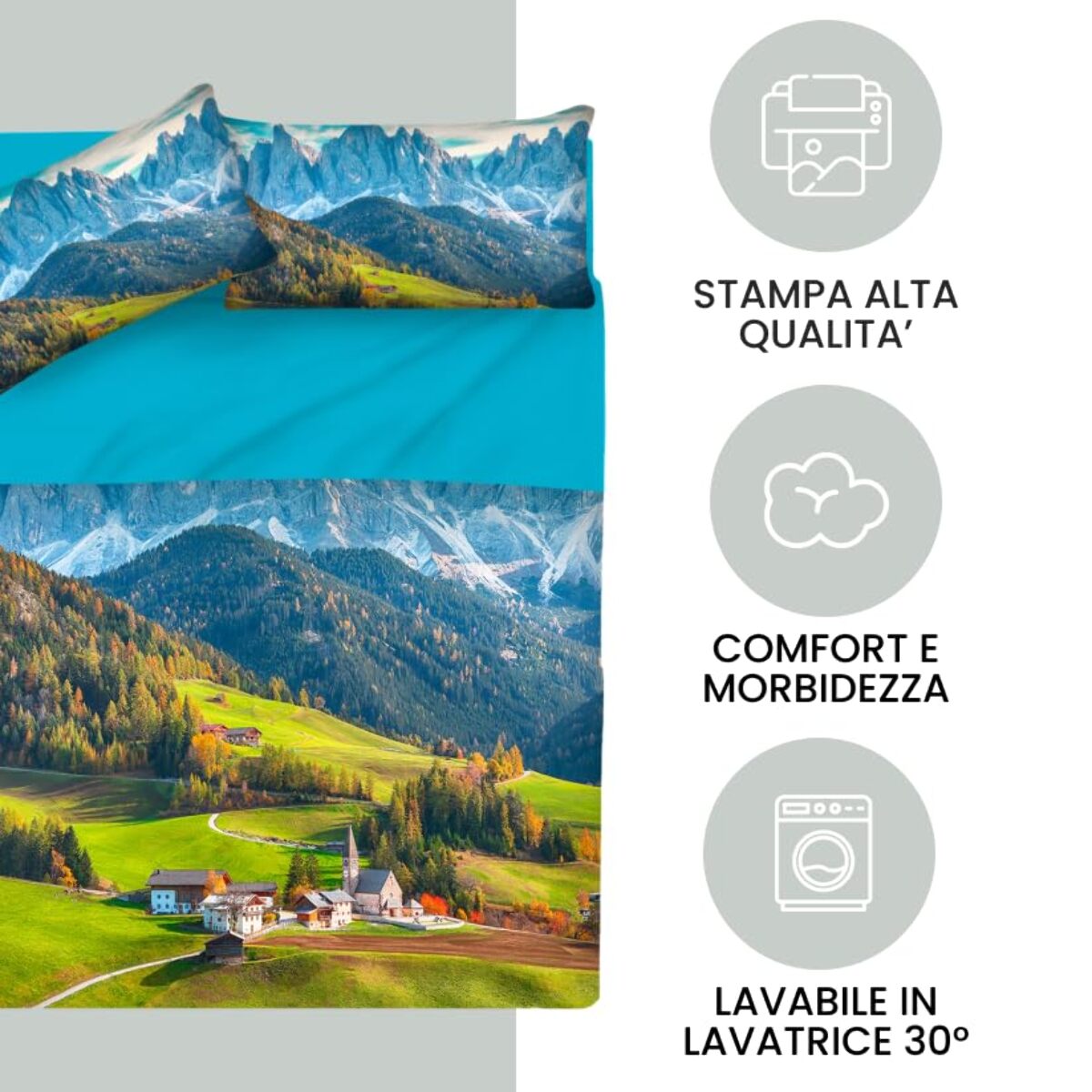 INTRECCI Completo Lenzuola Singolo in Cotone, Stampa Alta Qualità, Lenzuolo Sotto + Lenzuolo Sopra + 1 Federa, Comfort, Morbidezza, per Pelli Sensibili, non Stringe in Lavatrice. Fantasia: Alpen