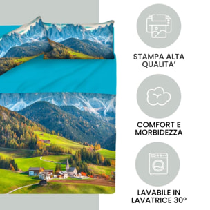 INTRECCI Completo Lenzuola Singolo in Cotone, Stampa Alta Qualità, Lenzuolo Sotto + Lenzuolo Sopra + 1 Federa, Comfort, Morbidezza, per Pelli Sensibili, non Stringe in Lavatrice. Fantasia: Alpen