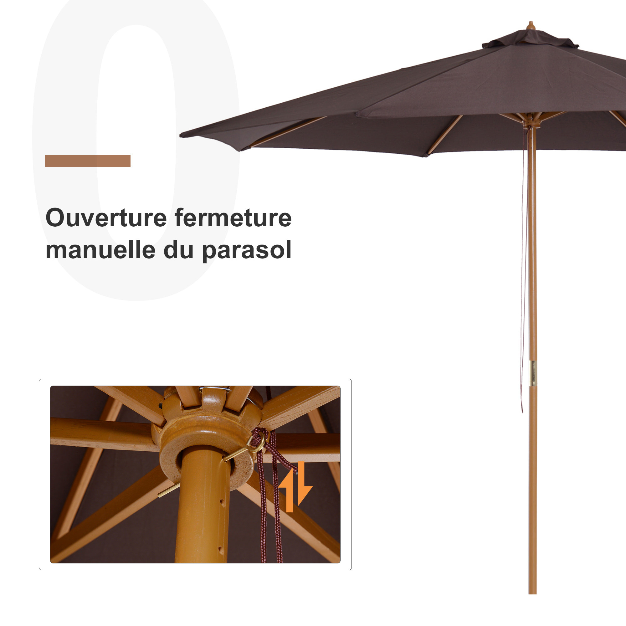 Outsunny Parasol rond grande taille diamètre 3 m bois polyester haute densité chocolat