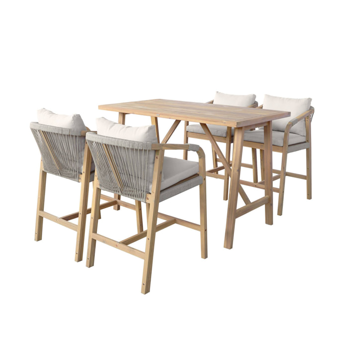 Table haute de jardin bois d'acacia + 4 assises Paloma et Zahara naturel 150 x 81 x 100 cm