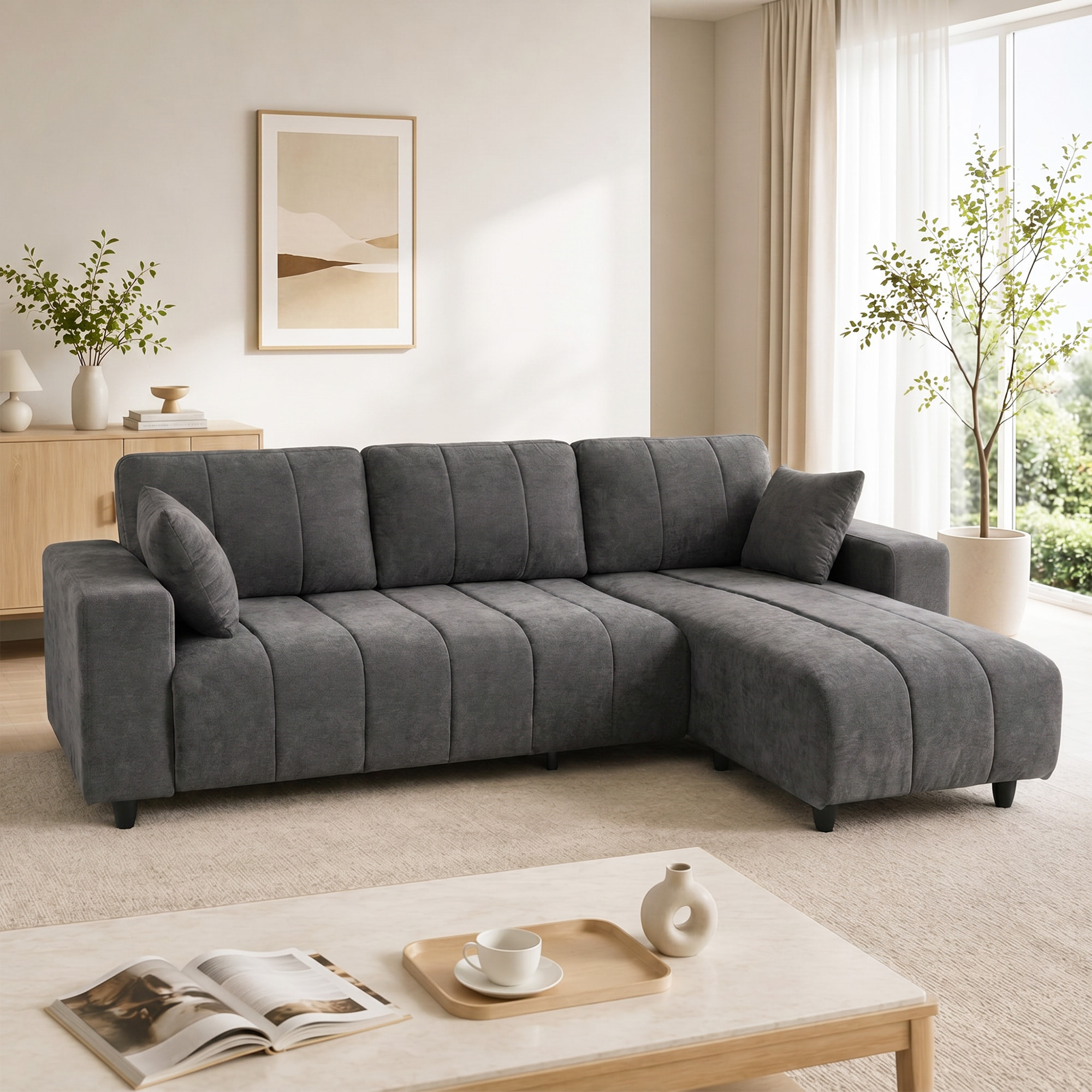 Canapé d'angle réversible 3 places design look matelassé 2 coussins déco tissu toucher lin gris