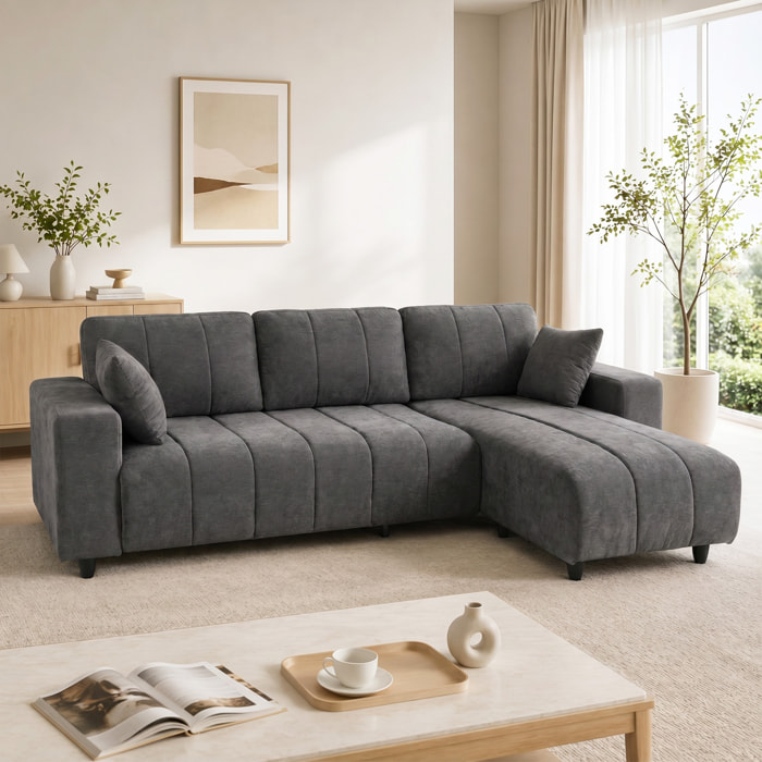 Canapé d'angle réversible 3 places design look matelassé 2 coussins déco tissu toucher lin gris