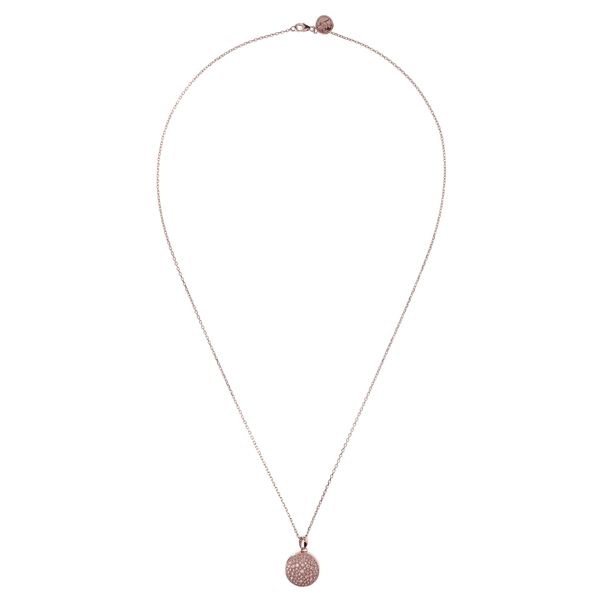 Collana Lunga Catena Forzatina con Pendente Tondo in Pavé di Cubic Zirconia Rosa