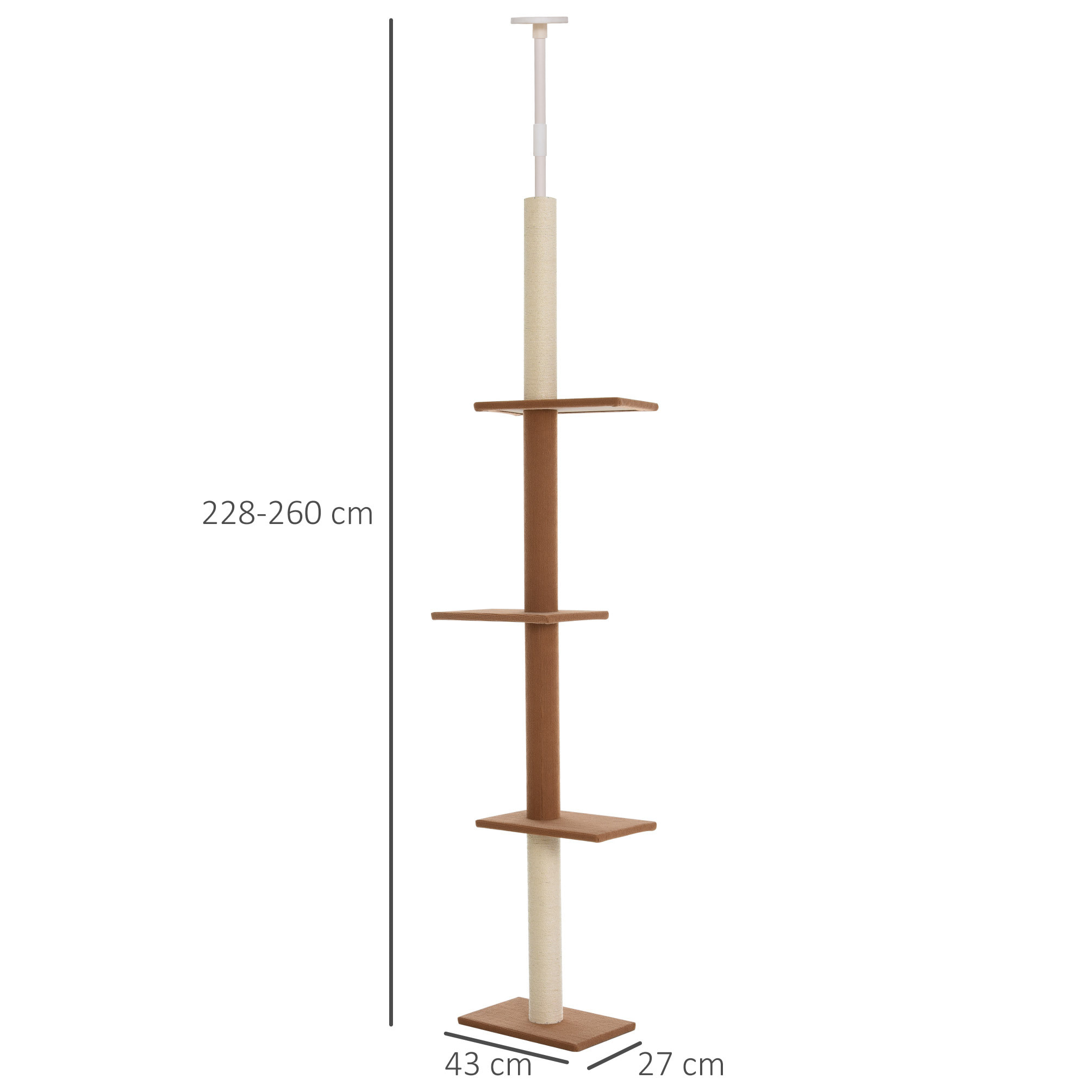 Rascador Ajustable de Gato de Felpa 43x27x228-260cm Marrón