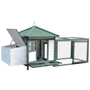 PawHut Gallinero de Madera de Pino Refugio Jaula para Gallinas Pollos Exterior con Caja Nido Bandeja Extraíble y Espacio para Correr 196x76x97 cm Verde y Blanco