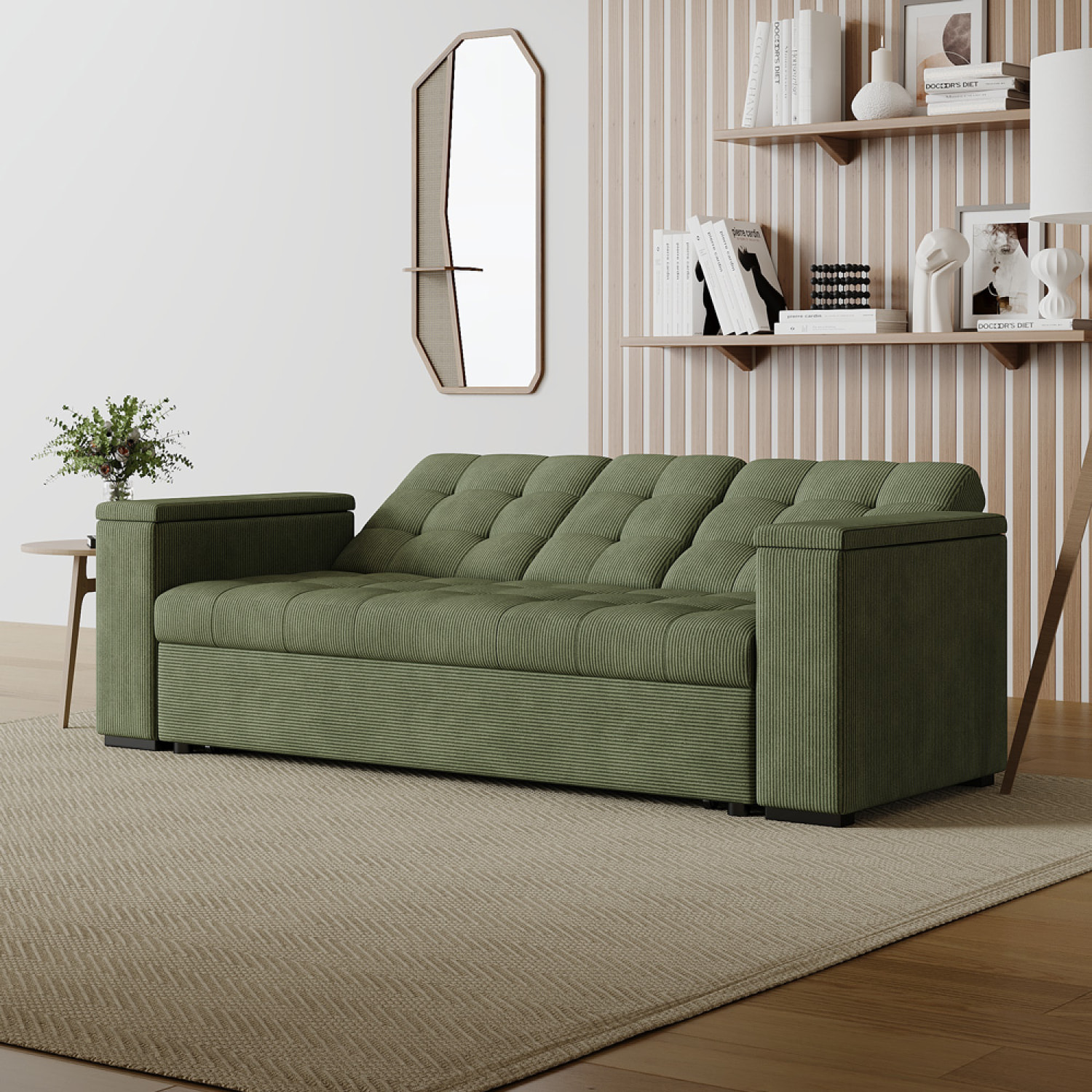 Canapé 3 places convertible avec tablette centrale et accoudoirs amovibles vert velours côtelé TILIA