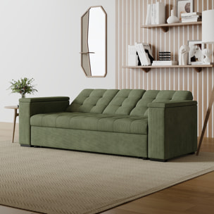 Canapé 3 places convertible avec tablette centrale et accoudoirs amovibles vert velours côtelé TILIA