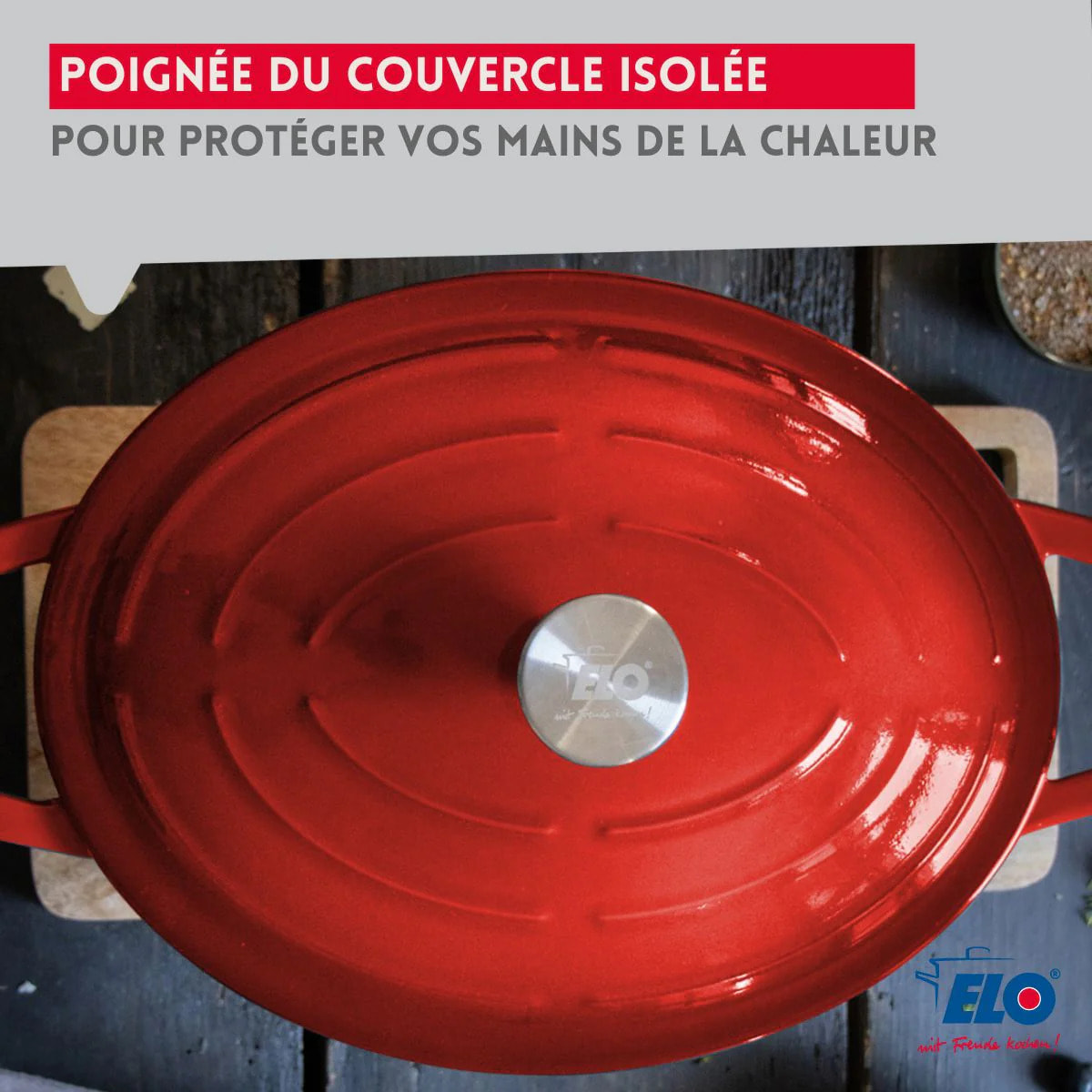 Cocotte ovale en fonte émaillée 33 cm de long rouge cerise 4,9 L Elo