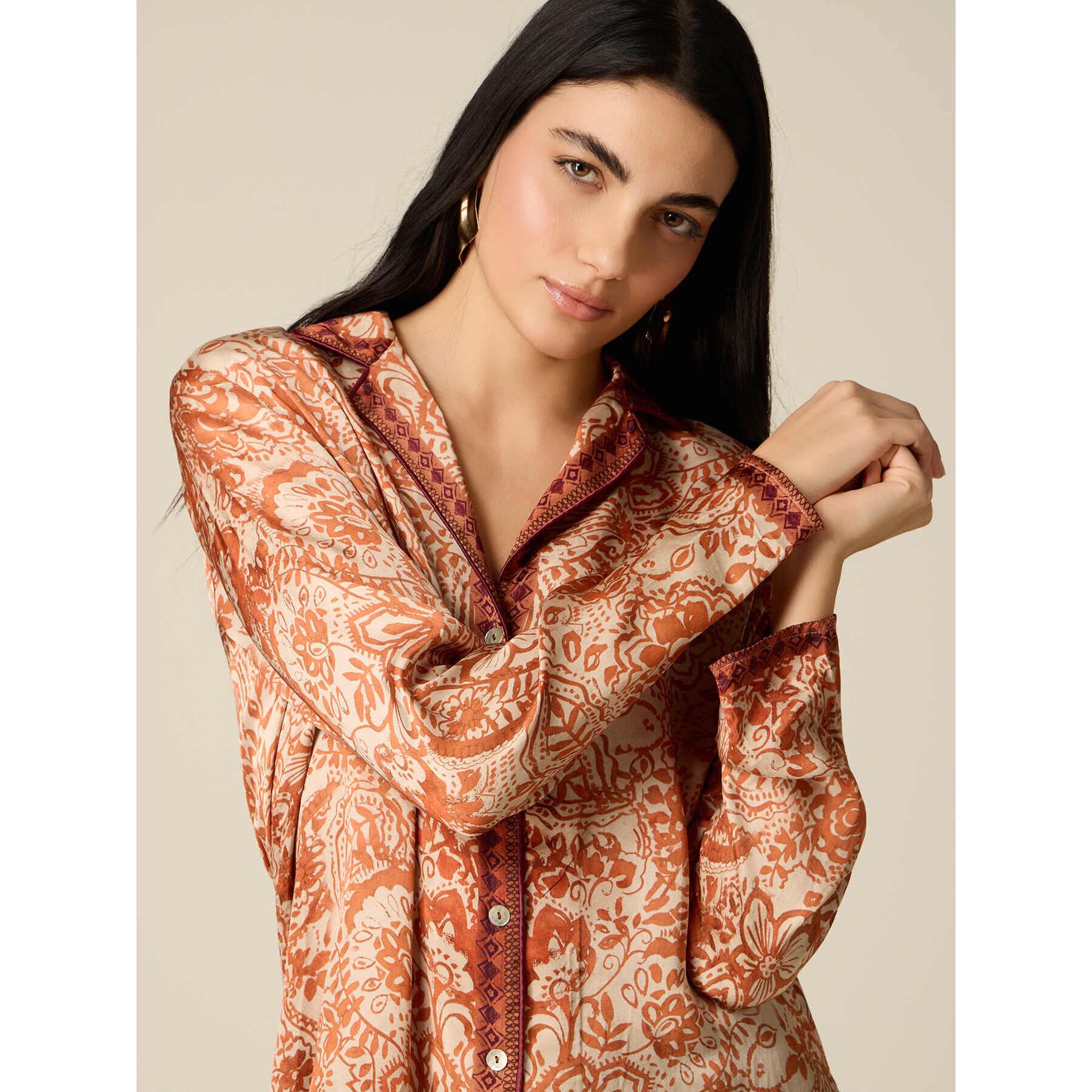 Oltre - Camicia in raso di viscosa fantasia - Arancione