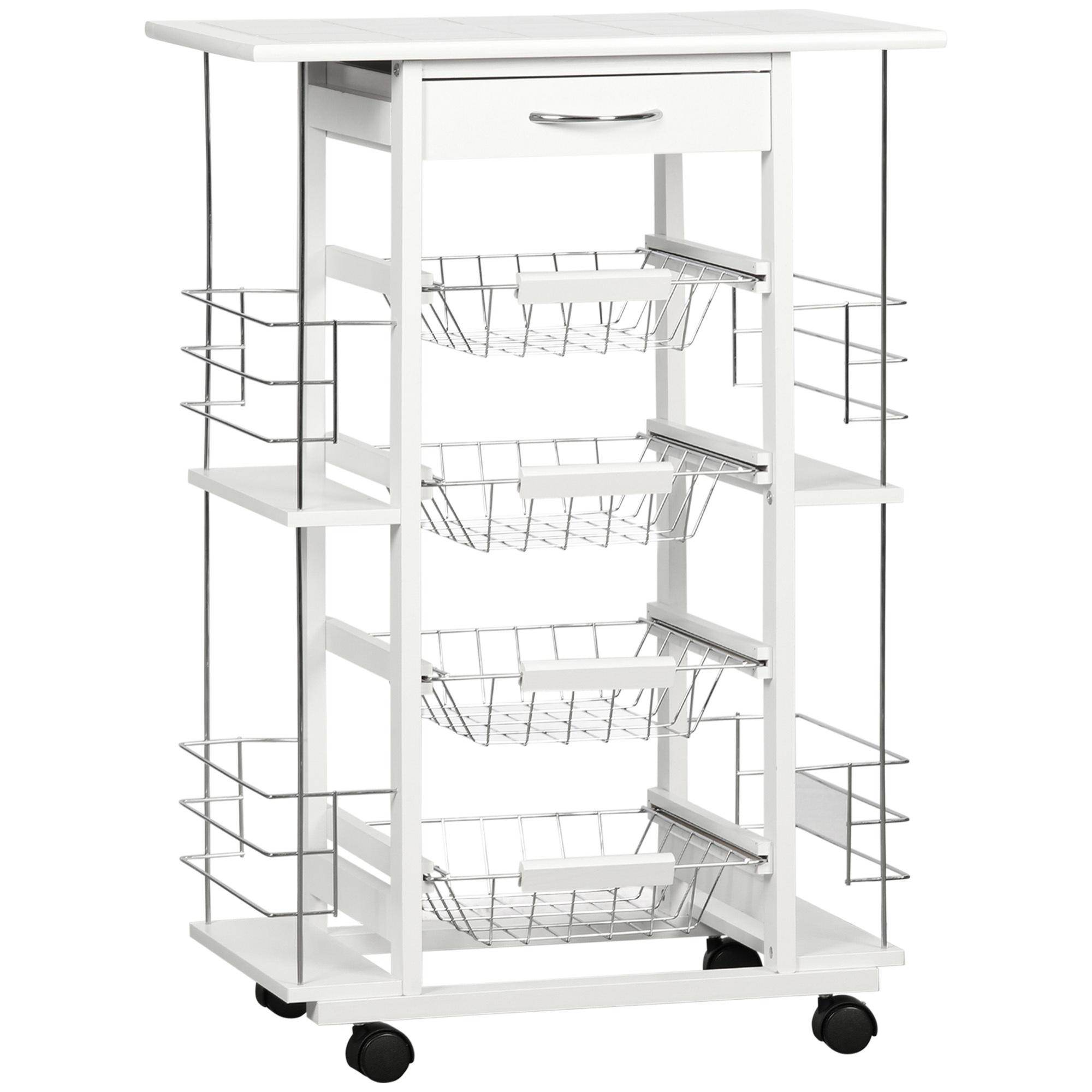 HOMCOM Carrito de Cocina con Ruedas Carrito Verdulero con Encimera Baldosado Cajón 4 Cestas de Metal y 4 Especieros Laterales para Comedor 57x37x83 cm Blanco