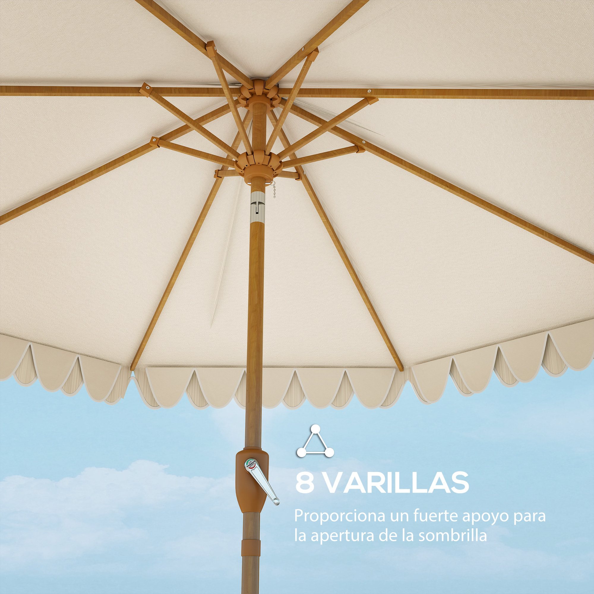 Sombrilla Terraza Exterior, Ø264x240 cm, Sombrilla de Jardín con Ángulo Ajustable, Manivela y Volantes, Impermeable, Parasol para Playa, Patio, Balcón, Crema