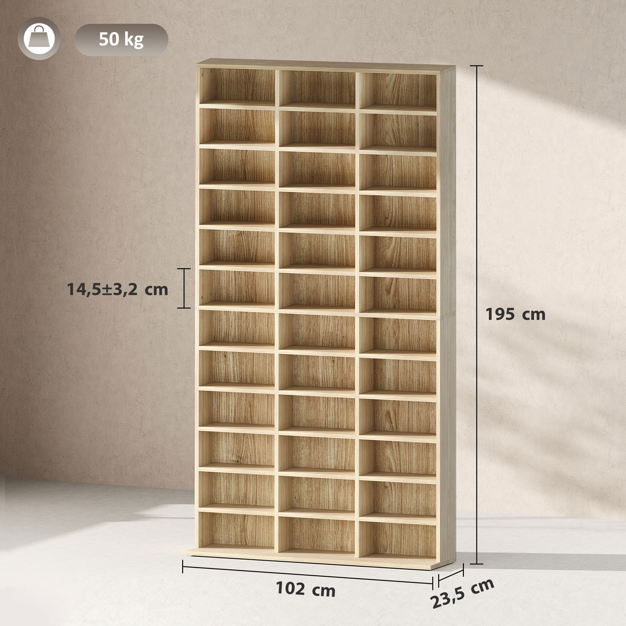 Étagère rangement CD/DVD meuble de rangement pour 1116 CDs 33 compartiments réglables en hauteur 102 x 24 x 195 cm effet bois clair