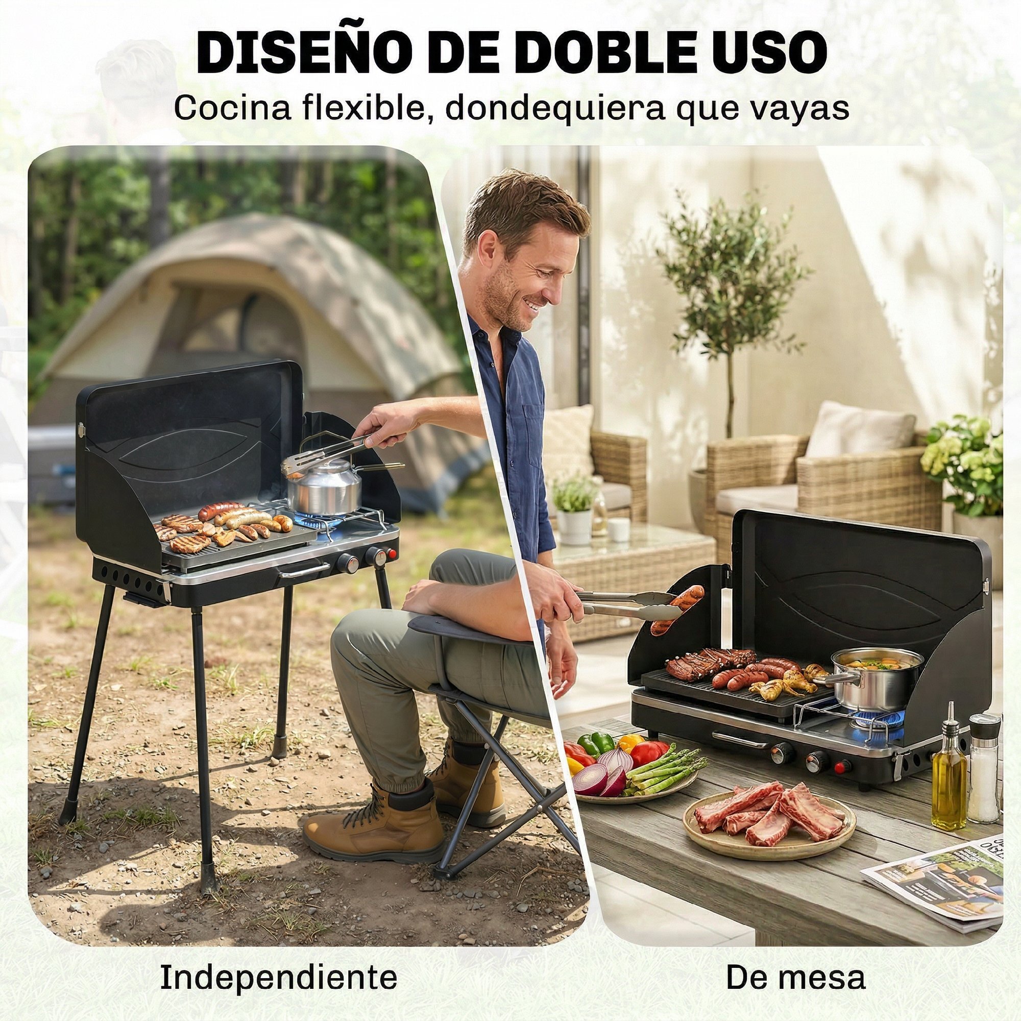 Barbacoa de Gas Portátil 2 en 1, Barbacoa de Gas Propano 7 kW de Mesa o de Pie con Plancha Grande, Patas Desmontables, Protectores de Viento, para Picnic, Camping, Negro