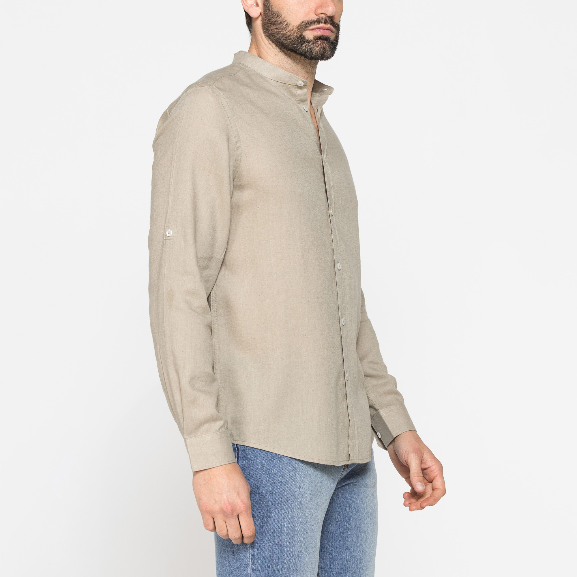CAMICIA COREANA IN MISTO LINO E LYOCELL A TINTA UNITA