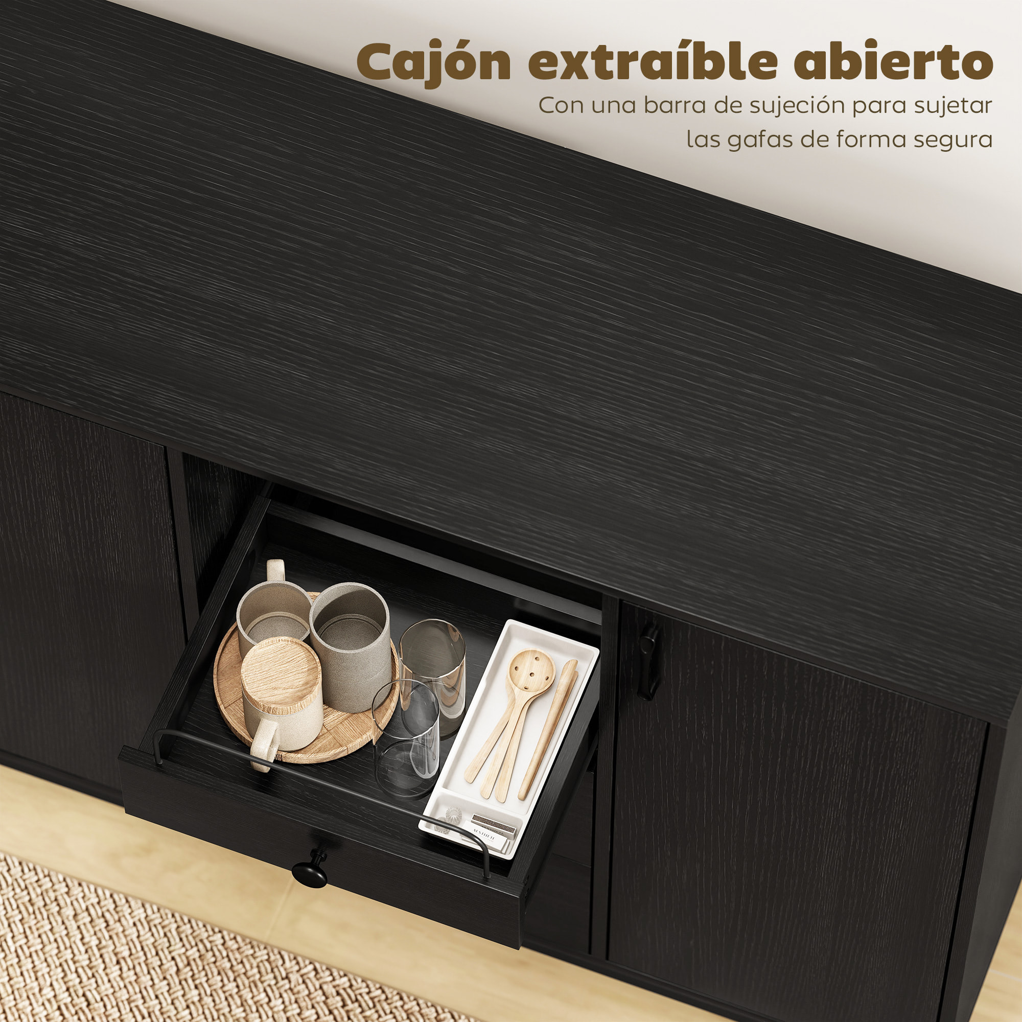 Aparador de 3 Puertas, Aparador de Salón con 3 Cajones, Estantes Ajustables, para Cocina, Entrada, Comedor, Dormitorio, Negro, 143,5x40x90 cm