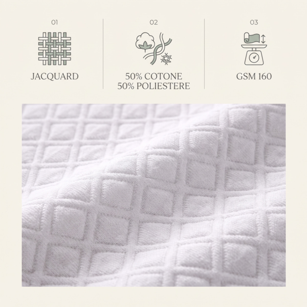 Coprimaterasso Intrecci Jacquard in Cotone e Poliestere 160 GSM Elasticizzato su 4 Lati No Stiro