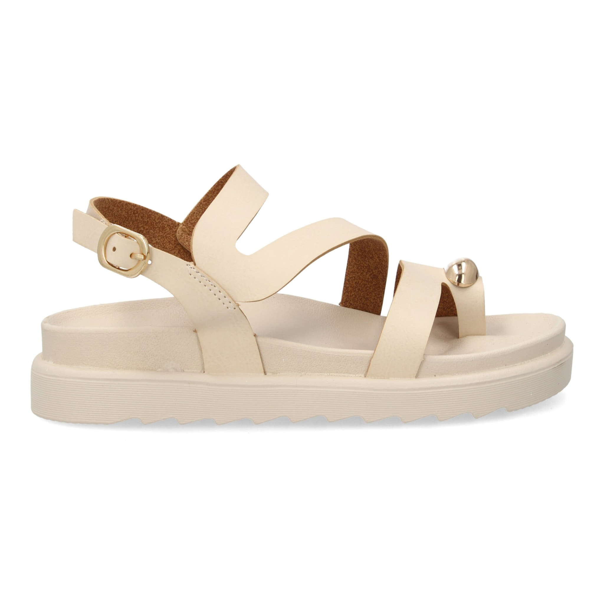 Sandalias cómodas de tiras mujer con adorno metálico.