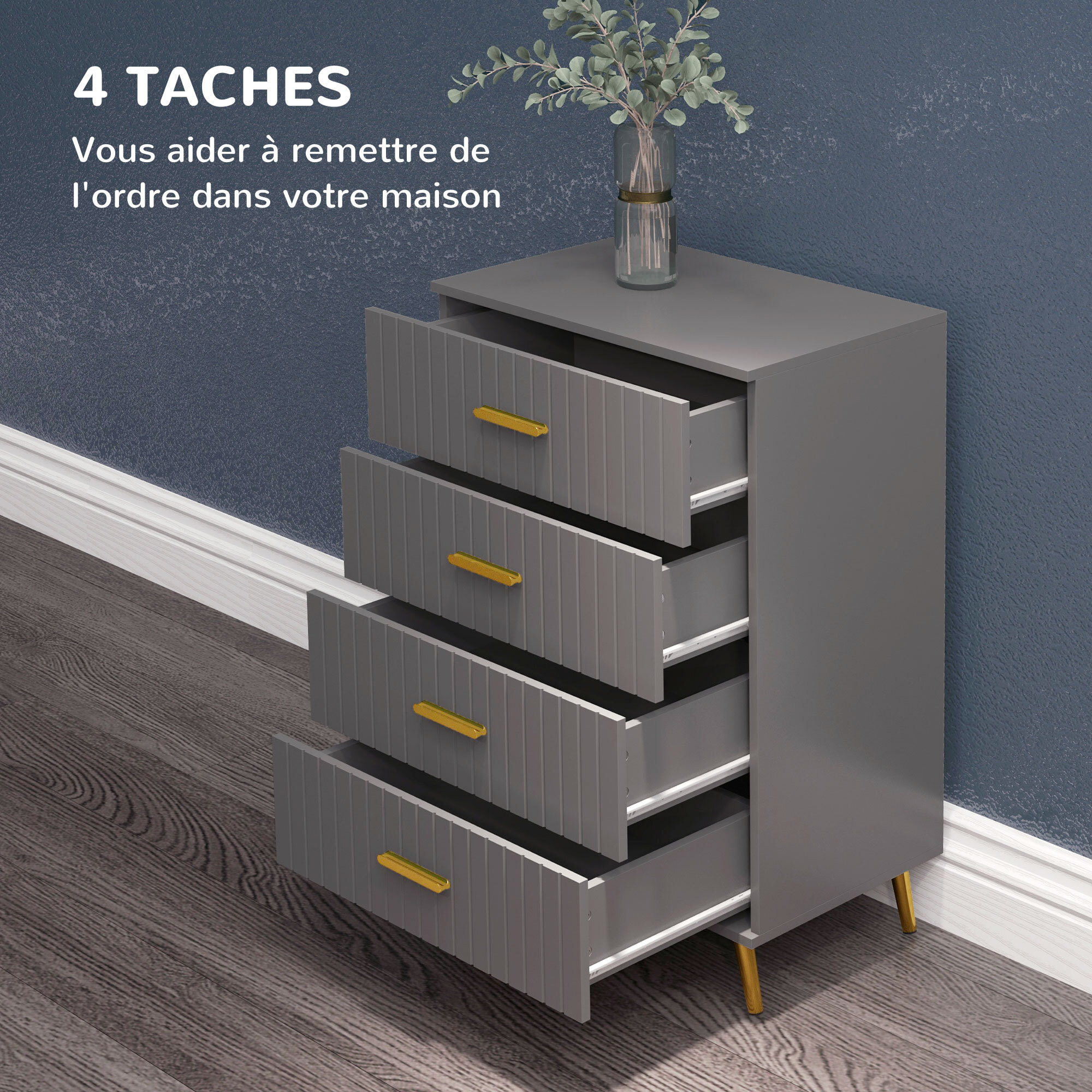 Commode 4 tiroirs style art déco - dim. 60L x 40l x 90H cm - alu. doré panneaux gris