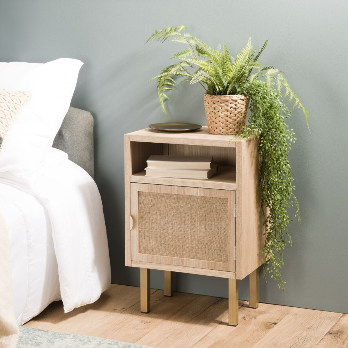 ALINE - Chevet 1 niche 1 porte toile de jute pieds métal doré